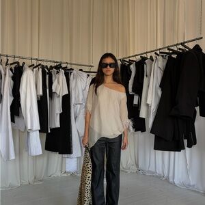 Made in Italy Feather Trim Tunic Top in Light Taupe - 100% silk